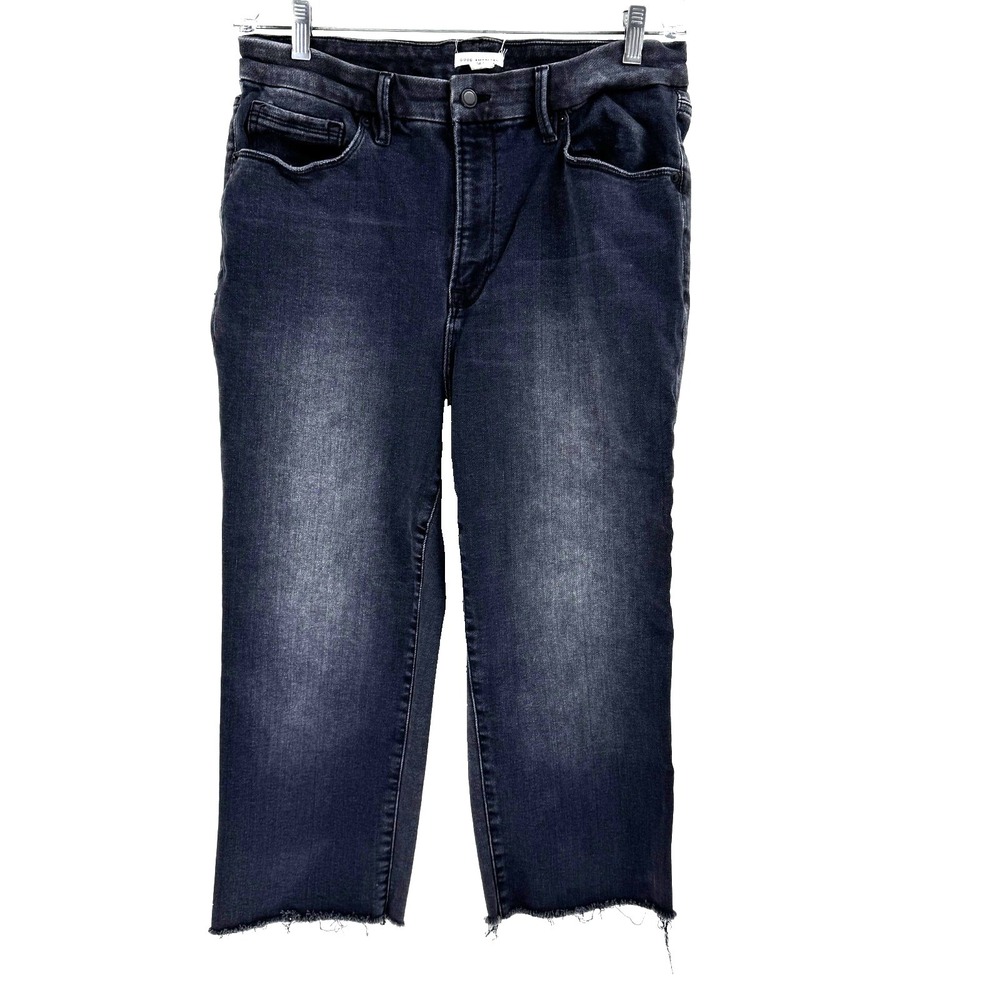 Good American High Rise Wide Leg Crop Jeans Women's 14 Black Raw Fray Hem Ankle